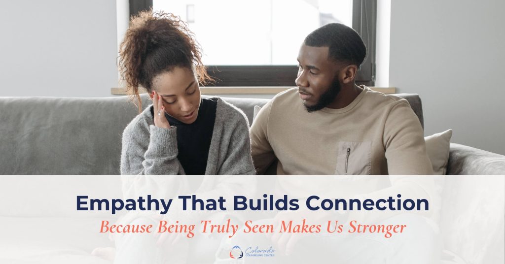 Man attentively listening as his partner sits with a difficult emotion, illustrating how empathy builds connection
