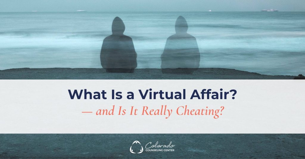 Two ghosted figures sitting apart on a rocky shoreline, looking out at a gray ocean &mdash; illustrating emotional distance and disconnection in a relationship affected by a virtual affair