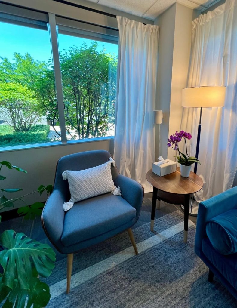 Serene corner of a Greenwood Village counseling room with natural light, soft textures, and soothing plants