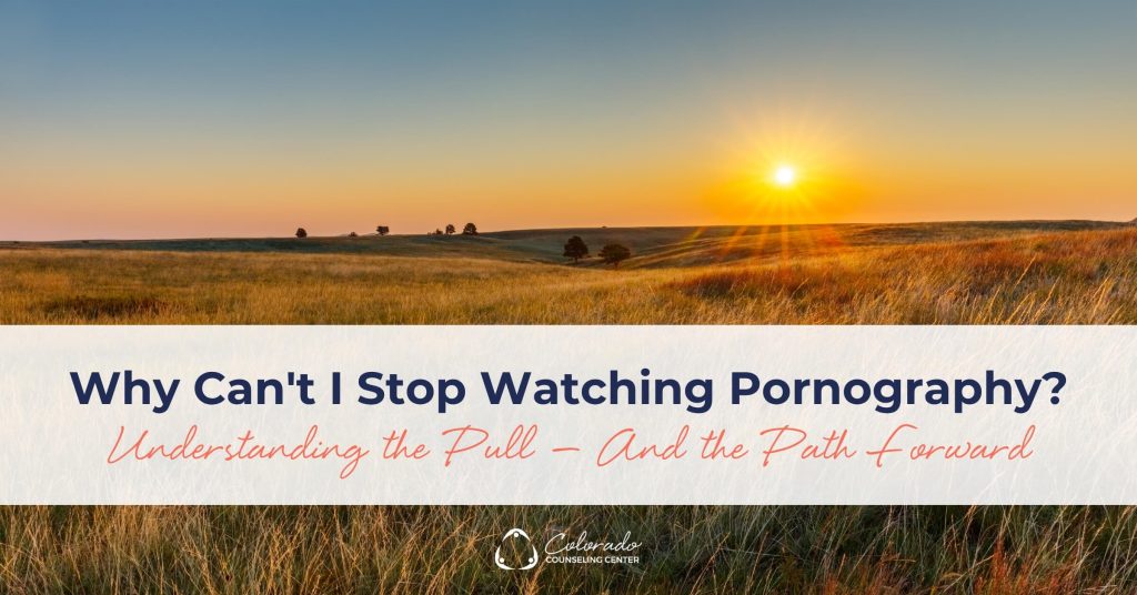 Sunrise breaking over an open grassy field with the text "Why Can't I Stop Watching Pornography? Understanding the Pull &mdash; And the Path Forward"