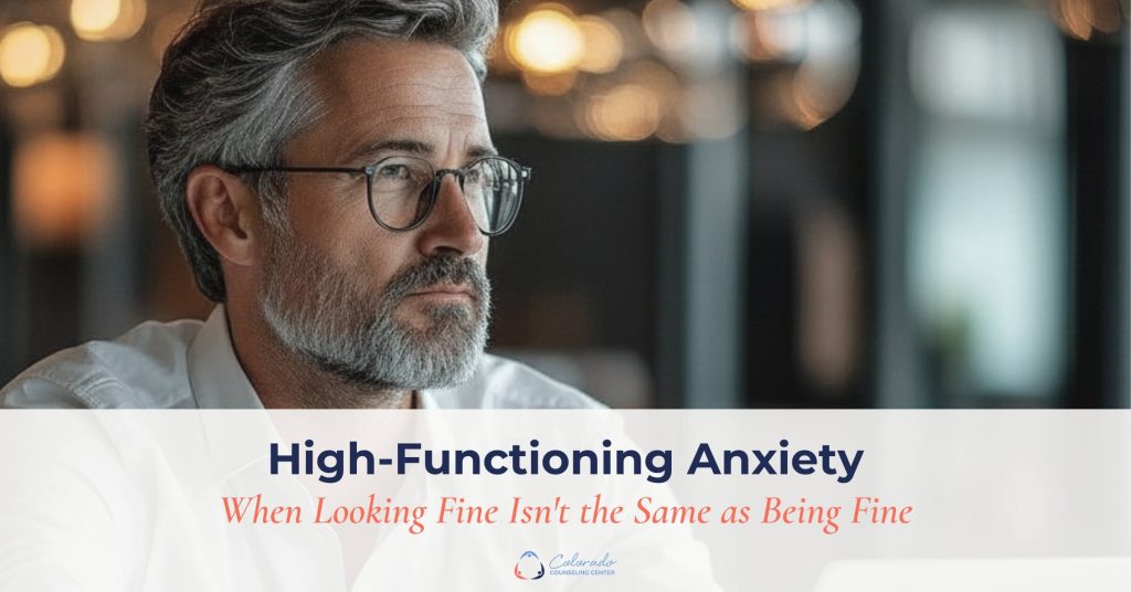 Man in his 50s gazing thoughtfully to the side, appearing composed but internally distracted, representing high-functioning anxiety